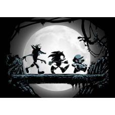 Een fotobehang met Super Mario, Sonic en Crash Bandicoot, waarbij de iconische gamehelden silhouetten vormen terwijl ze bij volle maan over een boomstam lopen in een mysterieuze setting.