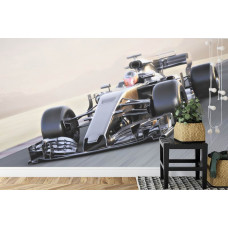 Fototapete eines superschnellen Formel-1-Autos in einem abenteuerlichen Kinderzimmer.