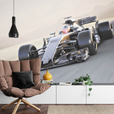 Fototapete eines superschnellen Formel-1-Autos in einem dynamischen Wohnzimmer.