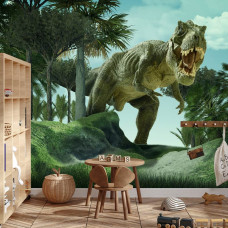 Eine Fototapete mit einem imposanten T-Rex und anderen Dinosauriern, die in einem Jungenzimmer angezeigt wird.