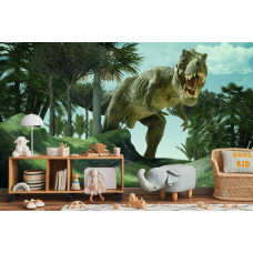 Eine Fototapete mit einem detaillierten Tyrannosaurus Rex in einer natürlichen Umgebung, die in einem Kinderzimmer angezeigt wird.