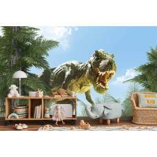 Eine Fototapete mit einer realistischen Darstellung eines T-Rex-Dinosauriers, abgebildet in einem Kinderzimmer.