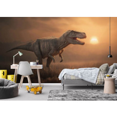 Fototapete T-Rex in der Abendsonne in einem Jungenzimmer mit einem abenteuerlustigen Dinosaurier in der Graslandschaft bei Dämmerung.