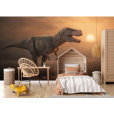 Fototapete T-Rex in der Abendsonne in einem Kinderzimmer mit einem brüllenden Dinosaurier in einer prähistorischen Landschaft.
