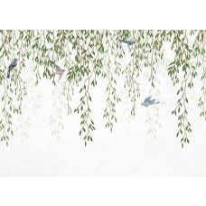 Eine Fototapete von Zweigen mit Blättern und Vögeln.