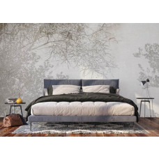 Fototapete von Ast-Silhouetten im Schlafzimmer, sorgt für eine ruhige und harmonische Atmosphäre mit einem Hauch von Kunst.