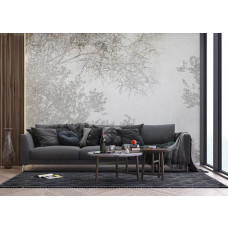 Fototapete von Ast-Silhouetten im Wohnzimmer, schafft eine moderne und natürliche Atmosphäre mit einem Hauch von Eleganz.