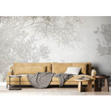 Fototapete mit Ast-Silhouetten in einem ländlichen Wohnzimmer, schafft eine zeitlose und natürliche Atmosphäre.