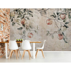 Eine Fototapete mit Ästen eines Apfelbaums voller Äpfel in einem rustikalen Stil, geeignet für eine Küche.