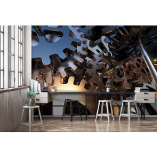 Eine Fototapete mit Zahnrädern in einem futuristischen Design, ideal für ein Büro.