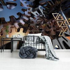 Eine Fototapete mit Zahnrädern in einem industriellen Design, geeignet für ein Kinderzimmer.