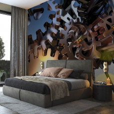Eine Fototapete mit Zahnrädern im mechanischen Design, geeignet für ein Schlafzimmer.