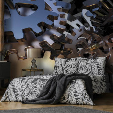 Eine Fototapete mit Zahnrädern im 3D-Design, gedruckt auf Vliestapete, ideal für ein Schlafzimmer.