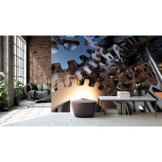 Eine Fototapete mit Zahnrädern in einem 3D-Design, perfekt für ein Wohnzimmer.