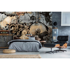 Eine 3D Fototapete mit Zahnrädern und Felsen in Beton für ein industrielles Schlafzimmer.