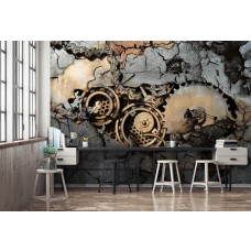 Eine Fototapete mit Zahnrädern und Felsen in Beton für ein industrielles Schlafzimmer und Büro.