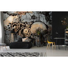 Eine Fototapete mit Zahnrädern und Felsen in Beton für ein industrielles Schlafzimmer und Jugendzimmer.