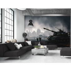 Fototapete mit Panzern und Soldaten in Aktion für das Spielzimmer, mit einem dynamischen Schlachtfeld von Panzern und strategischen Soldaten in einer detaillierten Landschaft, im stilvollen Wohnzimmer gezeigt.