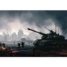 Fototapete mit Panzern und Soldaten in Aktion für das Spielzimmer, mit einem dynamischen Schlachtfeld von Panzern und strategischen Soldaten in einer detaillierten Landschaft.