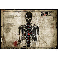 Fototapete mit einer Schießkarte mit Skelett und Zielscheibe, robust und industriell.