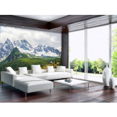 Eine Fototapete des Tatra-Gebirges mit schneebedeckten Berggipfeln, geeignet für das Wohnzimmer.