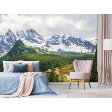 Eine Fototapete einer schneebedeckten Berglandschaft im Tatra-Gebirge, ideal für das Schlafzimmer.