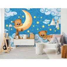 Eine Fototapete von Teddybären im Babyzimmer zwischen Wolken für Kinderzimmer und Spielzimmer.