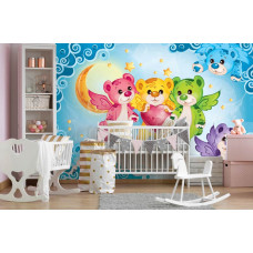 Eine Fototapete mit einem Regenbogen und Teddybären, geeignet für ein Babyzimmer.