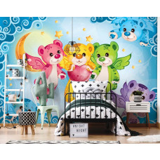 Eine Fototapete mit fröhlichen Teddybären und einem Regenbogen, ideal für ein Jungenzimmer.