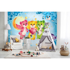 Eine Fototapete mit Teddybären und Regenbogenfarben, speziell für ein Kinderzimmer.