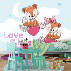 Eine Fototapete mit fliegenden Teddybären und Herz-Wolken für das Babyzimmer und Kinderzimmer.