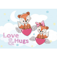 Fototapete mit fliegenden Teddybären, Herzen und Wolken, weich und niedlich.