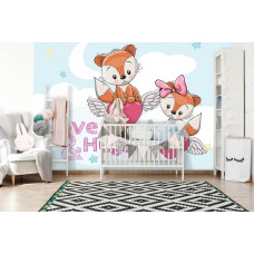 Eine Fototapete mit fliegenden Teddybären und Herz-Wolken für das Kinderzimmer und Babyzimmer.