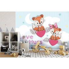 Eine Fototapete mit fliegenden Teddybären und Herz-Wolken für das Kinderzimmer und Jungenzimmer.