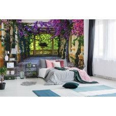 Eine Fototapete mit einem Blumenbalkon in einem abstrakten 3D-Design.