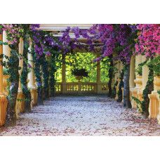 Balkon mit Blumen, Fototapete mit einer 3D-Wiedergabe von Blumen und einer schönen Aussicht.