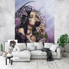 Eine Fototapete von The Midnight Rose Alchemy mit einer Frau und Rose für das Wohnzimmer.