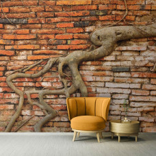 Eine Fototapete mit Baumwurzeln an einer Backsteinwand für das Wohnzimmer.