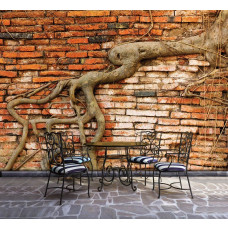 Eine Fototapete mit Baumwurzeln, die sich auf einer Backsteinwand ausbreiten.