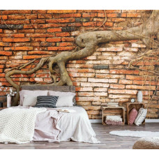 Eine Fototapete mit Baumwurzeln an einer Backsteinwand für das Schlafzimmer.