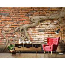 Eine Fototapete mit Wurzeln vor einem Backsteinhintergrund im Wohnzimmer.