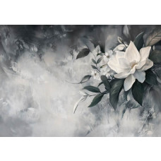 Fotobehang met een tijdloze witte bloem in een moderne compositie met zachte schaduwen en neutrale tinten.