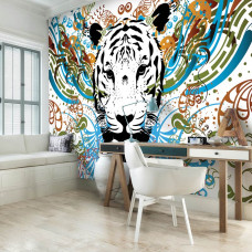 Fototapete mit abstrakter Tigerkunst für das Schlafzimmer.