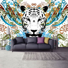 Fototapete mit abstrakter Tigerkunst für das Wohnzimmer.