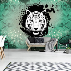 Eine Fototapete mit einem grünen abstrakten Tiger Kunst für das Wohnzimmer.