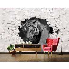 Eine Fototapete mit einem Tiger, der durch eine Wand bricht, ideal für das Wohnzimmer.