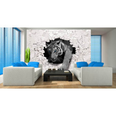 Eine Fototapete mit einem Tiger mit 3D-Effekten in einer Ziegelsteinumgebung, perfekt für das Wohnzimmer.