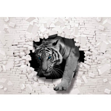 Fototapete mit einem Tiger, der aus der Wand bricht, 3D-Effekte mit abstrakten Ziegeln.