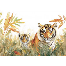 Fotobehang tijgerfamilie in de jungle met volwassen tijger en welp tussen tropische bladeren.
