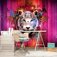 Eine abstrakte Kunst Fototapete eines Tigerkopfes für das Büro.